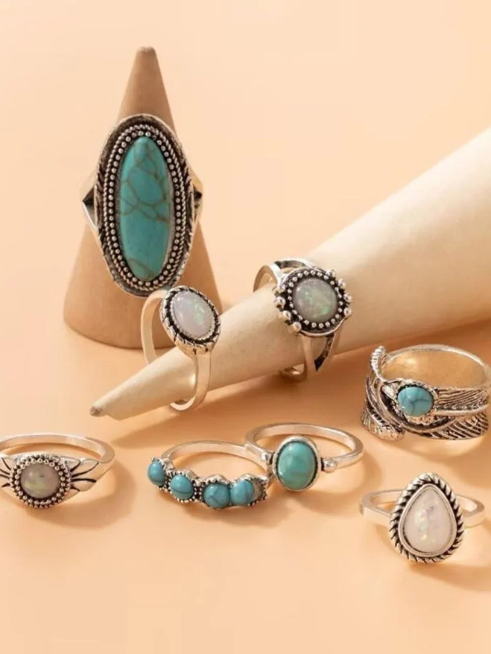 Western Turquoise Ring Set for Women Vintage Knuckle Rings Turquoise Stackable R - Picture 5 of 7